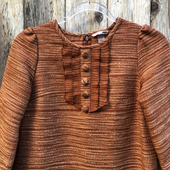 H&M Tweed Retro Mocha Brown Ruffle Front Shift Dress - Picture 3 of 7